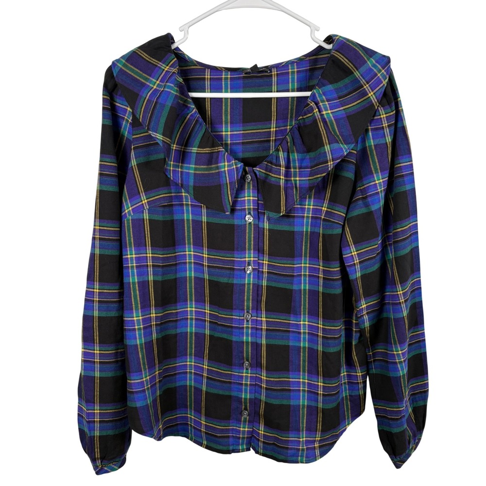 Talbots Blouse Size S Black Purple Plaid Ruffle Collar Cotton Button Up Cottage